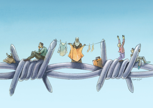 Cartoon: border (medium) by hamitgis tagged refugee,crisis,migration,borders,human,resilience,displacement,social,issues,humanity,struggle,survival,hope,hamit,hamitgis,gis,cartoon,art,drawing