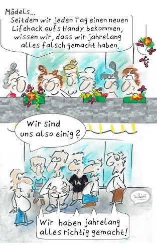 Cartoon: Alles falsch (medium) by TomPauLeser tagged alles,falsch,lifehack,frauen,männer,gespräche,gruppe,rudel,balkon,balkonblumen