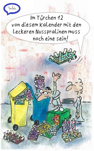 Cartoon: Altpapier mit Füllung (medium) by TomPauLeser tagged advent,adventkalender,tonne,blau,grüne,gelbe,recycling,papiertonne,papiermüll,praline,türchen,adventkalendertürchen,12,restmüll,suchen,finden,nusspraline