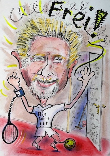 Cartoon: Boris Becker (medium) by TomPauLeser tagged boris,becker,frei,tennis,tennisstar,tennisball,tennisschläger,besen,besenkammer,kammer,eimer,putzeimer,stacheldraht,gefängnis