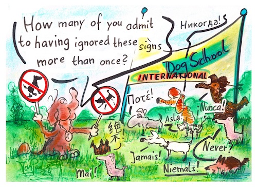 Cartoon: International Dog School (medium) by TomPauLeser tagged international,dog,school,never,sign,admit