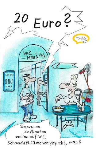 Cartoon: Nur für Männer (medium) by TomPauLeser tagged wc,öffentliche,toilette,toilettenfrau,schmuddel,schmuddelfilm,euro,geld,toilettengeld,putzwagen,mopp,kondomautomat,online