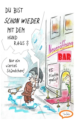 Cartoon: Sparsam sein (medium) by TomPauLeser tagged hund,gassi,regen,regenschirm,bar,gratis,handy,smartphone,sparsam,regenfront