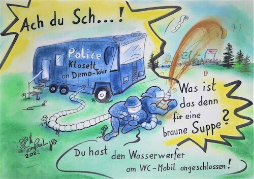 Cartoon: Toilettenwagen für die Polizei (medium) by TomPauLeser tagged toilettenwagen,nrwpolizei,polizei,demo,demonstration,bedürfnis,toilette,wald
