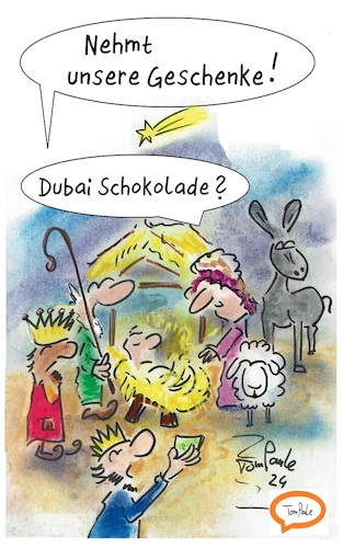 Cartoon: Und so sprach der Herr (medium) by TomPauLeser tagged weihnachten,krippe,krippenspiel,heilige,drei,könige,jesus,maria,dubai,dubaischokolade,schokale,hype,geschenk,mitbringsel,stern,esel,joseph,josef,schaf,stroh,strohütte