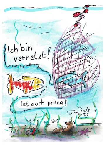 Cartoon: Vernetzt (medium) by TomPauLeser tagged vernetzt,netz,vernetzung,fisch,meer,see,fischernetz,netzfang,fischerei,schleppnetz,schleppend