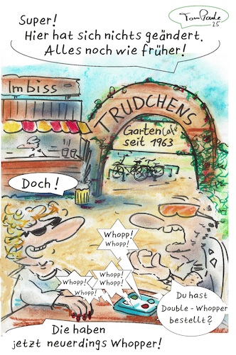 Cartoon: Selbstbedienung (medium) by TomPauLeser tagged whopper,burger,biergarten,garten,essenspager,gartencafe,imbiss,selbstbedienung