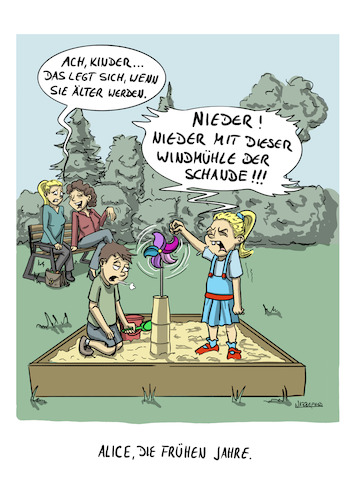 Cartoon: Alice und die frühen Jahre (medium) by SandraNabbefeld tagged cartoon,cartoonist,cartoonistin,humor,satire,innenpolitik,wahlen,wahlkampf,kinder,sandkasten,windmühlen,sandburg,alice,partei,parteien,albern,energiewende,energie,erneuerbare,energien,alternative,deutschland,populismus,technik,ökonomie,ökologie,klima,natur,wald,sandranabbefeld,nabbefeld,nabbefeldcartoon,cartoonlobby,rheinischehumorverwaltung,cartoon,cartoonist,cartoonistin,humor,satire,innenpolitik,wahlen,wahlkampf,kinder,sandkasten,windmühlen,sandburg,alice,partei,parteien,albern,energiewende,energie,erneuerbare,energien,alternative,deutschland,populismus,technik,ökonomie,ökologie,klima,natur,wald,sandranabbefeld,nabbefeld,nabbefeldcartoon,cartoonlobby,rheinischehumorverwaltung