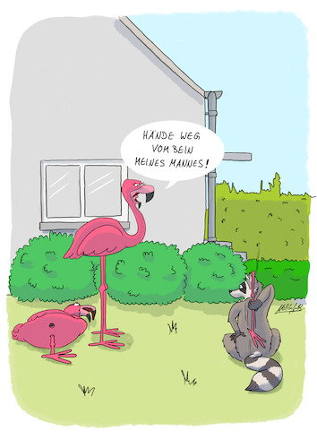 Cartoon: Pink Flamingo (medium) by SandraNabbefeld tagged cartoon,cartoonistin,humor,schräg,absurd,tierisches,tierisch,garten,vorgarten,flamingo,pinkflamingo,waschbär,raccoon,fell,jucken,kratzen,rückenkratzer,bein,beissen,beißen,rasen,sandranabbefeld,nabbefeld