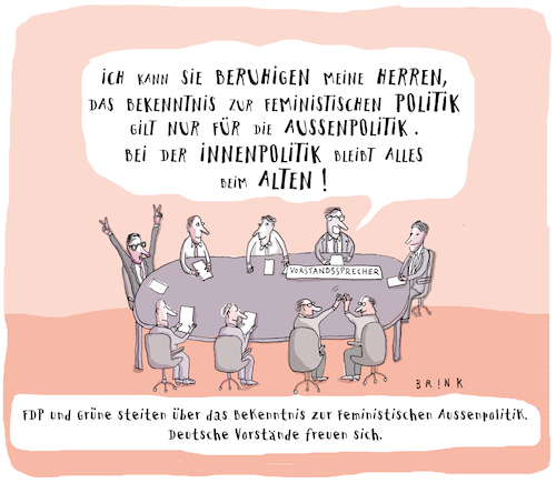 Cartoon: Feministische Aussenpolitik (medium) by ALIS BRINK tagged feminismus,vorstand,gleichberechtigung,karikatur,cartoon,fdp,grüne,emanzipation,quote,feminismus,vorstand,gleichberechtigung,karikatur,cartoon,fdp,grüne,emanzipation,quote