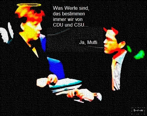 Cartoon: Wertevermittlung (medium) by b-r-m tagged devil,riseandfall,bundeswehr,verteidigung,rücktritt,csu,cdu,werte,doktor,plagiat,fall,guttenberg,aufunddavon,vonundzu,scheinheilig,angel,angela