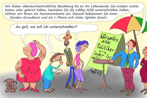 Cartoon: Anwerbung von Politikern (medium) by Arni tagged politik,politiker,beruf,berufswahl,anwerbung,einstellzung,werte,bestechung,lobby,überzeugen,überreden