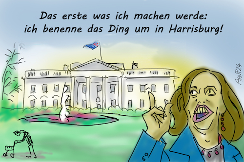 Cartoon: Kamala Harris erste Amtshandlung (medium) by Arni tagged kamala,harris,joe,biden,harrisburg,wahl,macht,president,election,black,stripes,white,house,wahlkampf