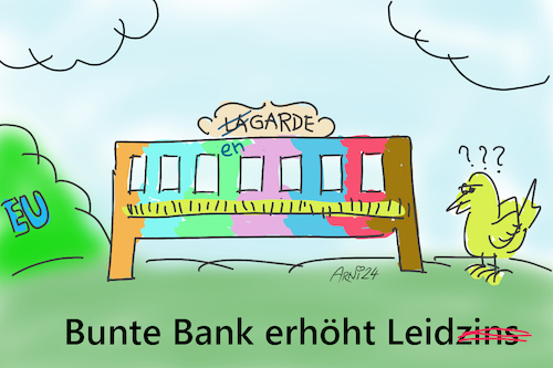 Cartoon: Lagardes Leidzins schlägt zu (medium) by Arni tagged lagarde,leitzins,leid,erhöhung,zentralbank,ezb,europa,prozent,teuer,teurer,taube,bank,bunt,bund,eu,zins