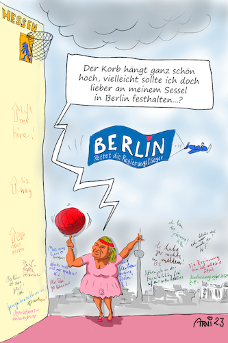 Cartoon: Nancys Korb hängt hoch (medium) by Arni tagged nancy,faeser,hessen,wahl,landtag,bundestag,parlament,regierung,opposition,stuhl,basketball,korb,präsident,präsidentin,hürde,schwierig,schwierigkeiten