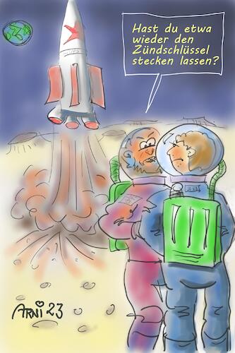 Cartoon: Neulich auf dem Mond... (medium) by Arni tagged zündschlüssel,klauen,entwenden,fahrzeug,rakete,astronaut,astronauten,mond,all,raumanzug,krater,shit,happens,unachtsamkeit