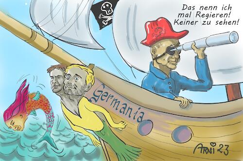 Cartoon: Piratenschiff Germania (medium) by Arni tagged pirat,scholz,olaf,lindner,habeck,baerbock,schiff,piratenschiff,germania,deutschland,regierung,regiert,fahrt,fernrohr,augenklappe