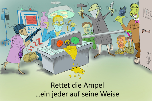 Cartoon: Rettet die Ampel (medium) by Arni tagged ampel,op,operation,rettung,retten,koalition,opposition,weidel,wagenknecht,merz,scholz,olaf,alice,sahra,pistorius,boris,söder,grüne,rot,grün,gelb,fdp,lindner,habeck,politik,deutsche,deutsch,tiscch,geräte,skalpell,doktor,doktoren,suppe,tropf