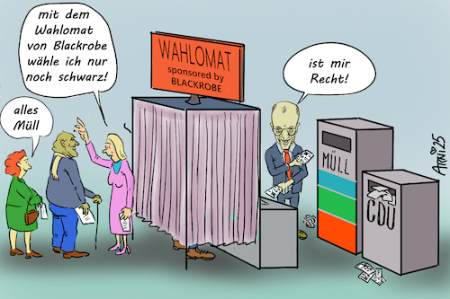 Cartoon: Wahlomat wählt selbstständig (medium) by Arni tagged blackrobe,blackrock,merz,wahl,wahlomat,rechts,grün,rot,gelb,blau,afd,spd,fdp,grüne,wahlurne,wahltag,qual,sieger,koalition,opposition,friedrich,scholz,habeck,weideln,bsw