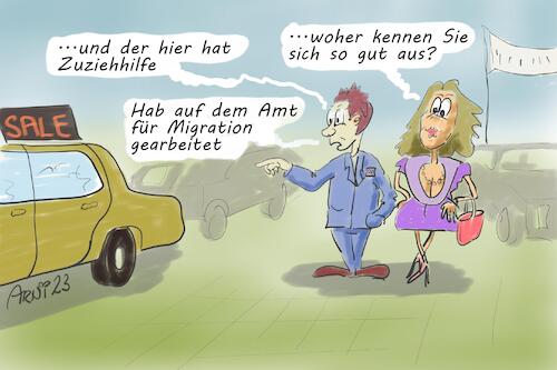 Cartoon: Zuziehhilfe (medium) by Arni tagged migration,amt,zuziehen,zuziehhilfe,auto,kfz,verkauf,autoverkäufer,kundin,kunde,autohaus,autohandel,migrieren,migrant,migrantin