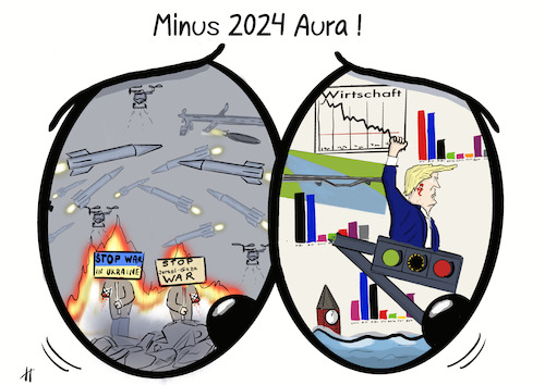 Cartoon: Jahresrückblick 2024 (medium) by Gabi Horvath tagged jahresrückblick,2024,krieg,trump,wahlen,naturkatastrophen,wirtschaft,ampel