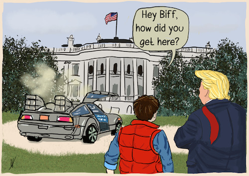 Cartoon: The future is now (medium) by Gabi Horvath tagged usa,zurück,in,die,zukunft,back,to,the,future,biff,tannen,trump,usa,zurück,in,die,zukunft,back,to,the,future,biff,tannen,trump