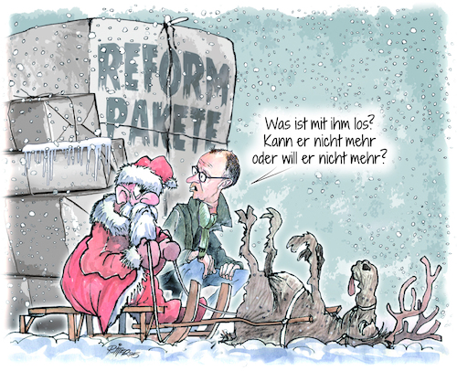 Cartoon: Reformpakete (medium) by Ritter-Cartoons tagged schlittenfahrt,berthold,ritter,cartoons,pressekarikatur,karikaturen,pressezeichnung,schlittenfahrt,berthold,ritter,cartoons,pressekarikatur,karikaturen,pressezeichnung