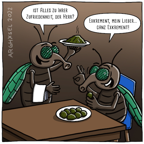 Cartoon: Es schmeckt Exkrement (medium) by Arghxsel tagged insekten,fliegen,käfer,wespen,bienen,hornissen,nest,eier,larven,imago,puppe,verpuppen,schmetterling,insekten,fliegen,käfer,wespen,bienen,hornissen,nest,eier,larven,imago,puppe,verpuppen,schmetterling