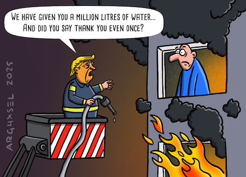 Cartoon: Firefighter Trump (medium) by Arghxsel tagged trump,selenskyj,ukraine,usa,eklat,white,house,krieg,putin,treffen,rauswurf,interview,verhandlungen,kapitulation,trump,selenskyj,ukraine,usa,eklat,white,house,krieg,putin,treffen,rauswurf,interview,verhandlungen,kapitulation