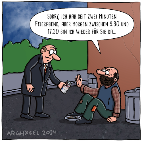 Cartoon: Öffnungszeiten Bettler (medium) by Arghxsel tagged feierabend,bettler,öffnungszeiten,geschlossen,arbeitszeiten,feierabend,bettler,öffnungszeiten,geschlossen,arbeitszeiten