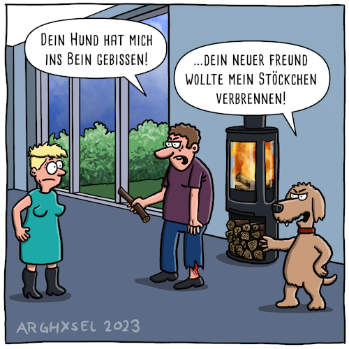 Cartoon: Stöckchen verbrennen (medium) by Arghxsel tagged hund,stöckchen,mann,frau,beziehung,eifersucht,kamin,feuer