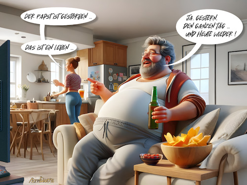 Cartoon: Das ist ein Leben - vor dem TV! (medium) by MorituruS tagged papst,der,herzen,franziskus,francis,tod,konklave,nachfolge,weißer,rauch,heiliger,stuhl,vater,gott,thron,cartoon,karikatur,moriturus