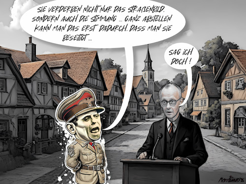 Cartoon: Der Geist Goebbels (medium) by MorituruS tagged cdu,union,bundeskanzler,friedrich,merz,aussage,stadtbild,straßenbild,migranten,flüchtlinge,migration,rückführung,remigration,joseph,goebbels,drittes,reich,abschiebung,cartoon,karikatur,moriturus