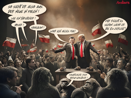 Cartoon: Der neue Türsteher in Polen (medium) by MorituruS tagged polen,sieg,präsidentschaftswahl,karol,nawrocki,donald,tusk,lieberale,wende,gescheitert,rechtsnationalistische,pis,partei,politischer,stillstand,andrzej,duda,autoritäre,blockade,der,regierung,wiedererstarken,strukturen,in,eu,brüssel,boxer,türsteher,hooligan,cartoon,karikatur,moriturus