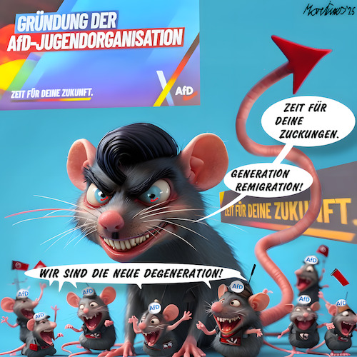 Cartoon: Generation Degeneration (medium) by MorituruS tagged afd,jugend,jugendorganisation,gesichert,rechts,rechtsextrem,junge,alternative,ja,generation,deutschland,degeneration,tino,chrupalla,alice,weidel,jean,pascal,hohm,demokratie,demokratieabbau,autokratie,nähe,russland,putin,lobby,remigration,identitäre,bewegung,gründungskongress,parteinachwuchs,rechtsextremist,abschieben,cartoon,karikatur,moriturus