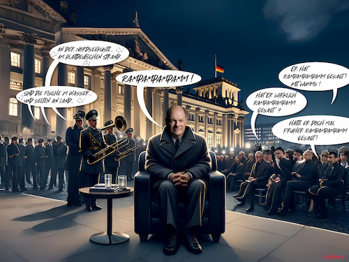 Cartoon: Großer Schnarchzapfenstreich! (medium) by MorituruS tagged regierungswechsel,zapfenstreich,olaf,scholz,spd,sozialdemokrat,bundestag,verabschiedung,bundeswehr,militärische,ehrung,zeremonie,stabsmusikkorps,verteidigungsministerium,cartoon,karikatur,moriturus