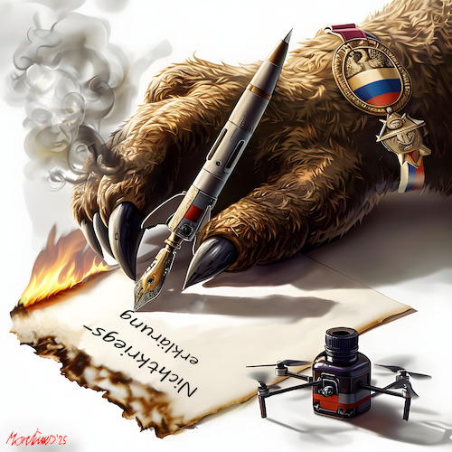 Cartoon: Nicht-Kriegserklärung (medium) by MorituruS tagged hybrider,krieg,lauwarmer,dritter,weltkrieg,nato,russland,wladimir,putin,russischer,sapad,heißt,westen,angriffskrieg,bomben,kiew,russische,kampfflugzeuge,estnischer,luftraum,italienische,luftwaffe,drohnen,polen,verletzen,sicherheitszone,polnischen,bohrinsel,ostsee,rumänien,militärübung,nukleare,drohszenarien,gegen,sabotage,zerstörung,unterseekabeln,cyberangriffe,cartoon,karikatur,moriturus
