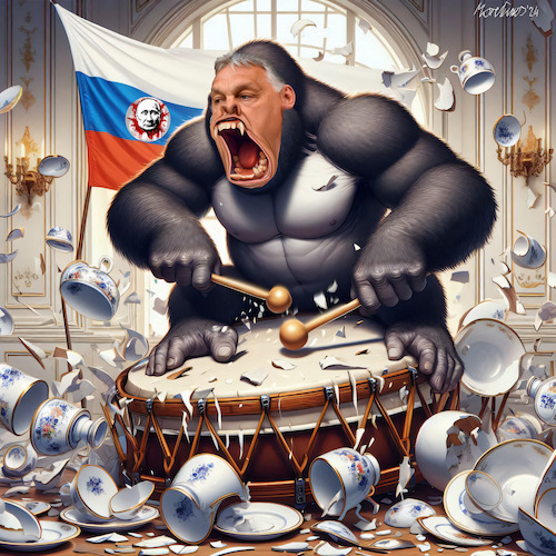 Cartoon: Orban Gorilla besucht Russland (medium) by MorituruS tagged viktor,orban,premier,minister,in,russland,ohne,mandat,der,eu,ungarn,freiheit,ratspräsidentschaft,make,europe,greatagain,unterstützung,ukraine,brüssel,rechtsstaatlichkeit,skeptiker,veto,partei,fidesz,autokratie,demokratie,wähler,rechtsruck,urban,guerilla,gorilla,porzellanladen,trojanisches,pferd,putin,cartoon,karikatur,moriturus