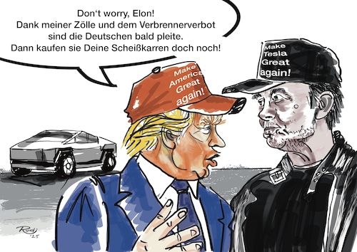 Cartoon: Tesla 25 (medium) by Rudissketchbook tagged trump,elon,musk,tesla,auto,autoindustrie,elektroauto,wirtschaft,krise,verbrenner,benzin,öl,gas,umwelt,co2