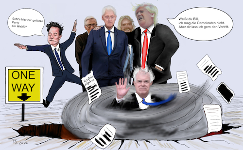 Cartoon: Flutsch und weg (medium) by SchmidtFineArt tagged trump,epstein,musk,skandal,anderw,kriese,usa,demokratie,cartoon,kunst,satire,art,humor,zeichnung,zeichnen,politik,politiker,großbritannien