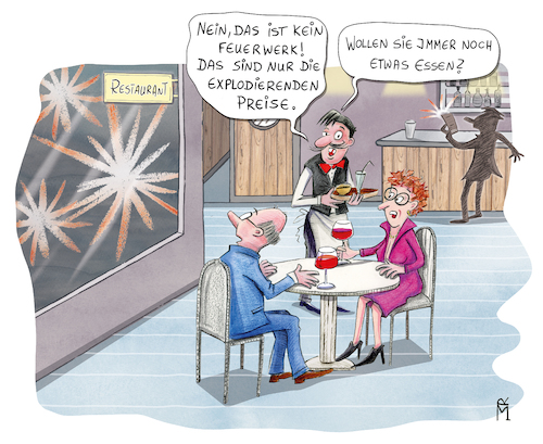 Cartoon: Explodierende Preise (medium) by Rebecca-Meyer tagged explodierende,gierflation,brauhaus,bistro,unternehmer,gastgewerbe,gastgewerbeumsatz,pandemie,hotel,und,gaststättenverband,dehoga,lebensmittel,getränke,preise,rezession,explodierende,preise,rezession,feuerwerkrestaurantpreissteigerung,inflationgastronomie,mehrwertsteuer