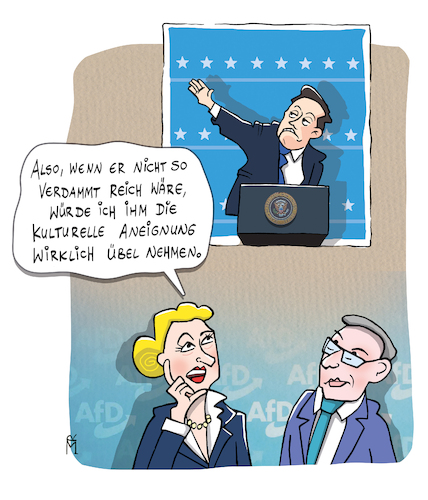 Cartoon: Kulturelle Aneignung (medium) by Rebecca-Meyer tagged capital,one,arena,presidential,parade,wahlen,usa,donald,trump,musks,plattform,kriegerisch,faschistisch,irritierend,amtseinführung,ungeschickte,geste,kulturelle,aneignung,elon,musk,alice,weidel,grenzen,des,sagbaren,reichste,mann,der,welt,afd,chrupalla,sozialist,milliardär,hitlergruß,tech,eine,armbewegung,capital,one,arena,presidential,parade,wahlen,usa,donald,trump,musks,plattform,kriegerisch,faschistisch,irritierend,amtseinführung,ungeschickte,geste,kulturelle,aneignung,elon,musk,alice,weidel,grenzen,des,sagbaren,reichste,mann,der,welt,afd,chrupalla,sozialist,milliardär,hitlergruß,tech,eine,armbewegung