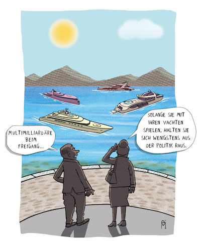 Cartoon: Luxusauslauf (medium) by Rebecca-Meyer tagged steuermitgefühl,machthunger,kontrolle,spielzeugen,verantwortung,luxus,rücksicht,privatinsel,moral,yacht,demokratie,einfluss,empathie,geld,anstand,beratern,bodenhaftung,klimaauswirkung,soziales,gewissen,rendite,regeln,immobilien,haftung,lobby,abstand,steuermitgefühl,machthunger,kontrolle,spielzeugen,verantwortung,luxus,rücksicht,privatinsel,moral,yacht,demokratie,einfluss,empathie,geld,anstand,beratern,bodenhaftung,klimaauswirkung,soziales,gewissen,rendite,regeln,immobilien,haftung,lobby,abstand