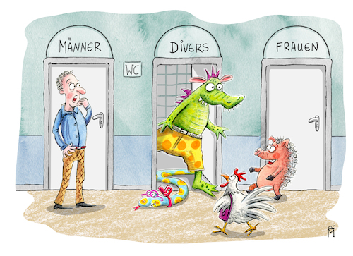 Cartoon: Diversity (medium) by Rebecca-Meyer tagged more,diversity,toilette,klo,männer,divers,vielfalt,statt,einfalt,frauen,huhn,schwein,schlange,krokodile,more,diversity,toilette,klo,männer,divers,vielfalt,statt,einfalt,frauen,huhn,schwein,schlange,krokodile,gender,lgtbqi,geschlecht