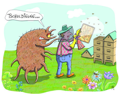 Cartoon: Bienen (medium) by Rebecca-Meyer tagged imker,bienenstock,honigbienen,arroa,destructor,brut,varroatose,bekämpfung,bienensterben,sterben,von,bienenvölkern,parasiten,bienenschädling,varroamilbe,befällt,die,bienen,und,virus,parasit,imker,bienenstock,honigbienen,arroa,destructor,brut,varroatose,bekämpfung,bienensterben,sterben,bienenvölkern,parasiten,bienenschädling,varroamilbe,befällt,bienen,virus,parasit