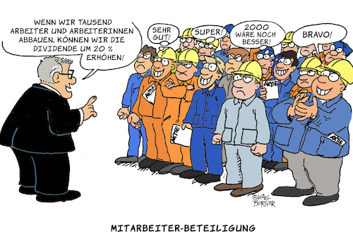 Cartoon: Mitarbeiter-Beteiligung (medium) by Karl Berger tagged mitarbeiterbeteiligung,kapital,lohnabhängige,komplizenschaft,interessenskonflikt,mitarbeiterbeteiligung,kapital,lohnabhängige,komplizenschaft,interessenskonflikt