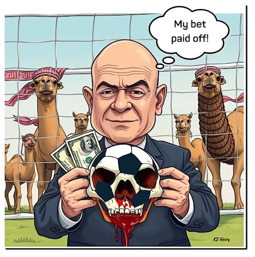 Cartoon: Blutball WM34 (medium) by A Human tagged bet,football,infantino,fifa,saudiarabia,katar,quatar,wette,amnesty,menschenrechte,ausbeutung,wüste,fußballweltmeisterschaft,wm,ai,exploitation,discrimination,reformen,worldcup,diskriminierung,unterdrückung,slavery,sklaverei,menschenleben,wm34,wm2034,bet,football,infantino,fifa,saudiarabia,katar,quatar,wette,amnesty,menschenrechte,ausbeutung,wüste,fußballweltmeisterschaft,wm,ai,exploitation,discrimination,reformen,worldcup,diskriminierung,unterdrückung,slavery,sklaverei,menschenleben