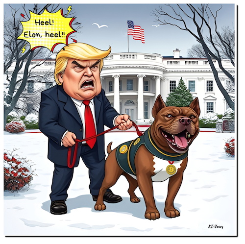 Cartoon: Elon barks (medium) by A Human tagged usa,washington,pitbull,bitbull,donald,trump,elon,musk,dogs,whitehouse,weihnachtsgeschenk,christmaspresent,amtseinführung,inauguration,bitcoins,president,präsident,usa,washington,pitbull,bitbull,donald,trump,elon,musk,dogs,whitehouse,weihnachtsgeschenk,christmaspresent,amtseinführung,inauguration,bitcoins