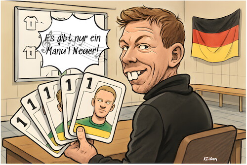Cartoon: Fest genagelt! (medium) by KI-Vossy tagged fußball,wm,usa,kanada,mexiko,nagelsmann,manuel,neuer,dfb,mannschaft,towart,baumann,nübel,weltmeister,fußball,wm,usa,kanada,mexiko,nagelsmann,manuel,neuer,dfb,mannschaft,towart,baumann,nübel,weltmeister