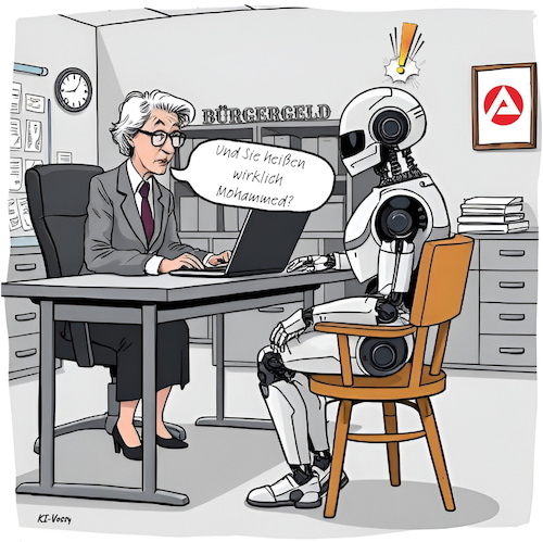 Cartoon: Lernfähige KI (medium) by A Human tagged ki,arbeitslosigkeit,arbeitsagentur,roboter,arbeitslos,arbeitsloser,bürgergeld,künstliche,intelligenz,beratung,agentur,für,arbeit,mohammed,michael,olena,ahmad,bildzeitung,arbeitsamt,ki,arbeitslosigkeit,arbeitsagentur,roboter,arbeitslos,arbeitsloser,bürgergeld,künstliche,intelligenz,beratung,agentur,für,arbeit,mohammed,michael,olena,ahmad,bildzeitung,arbeitsamt